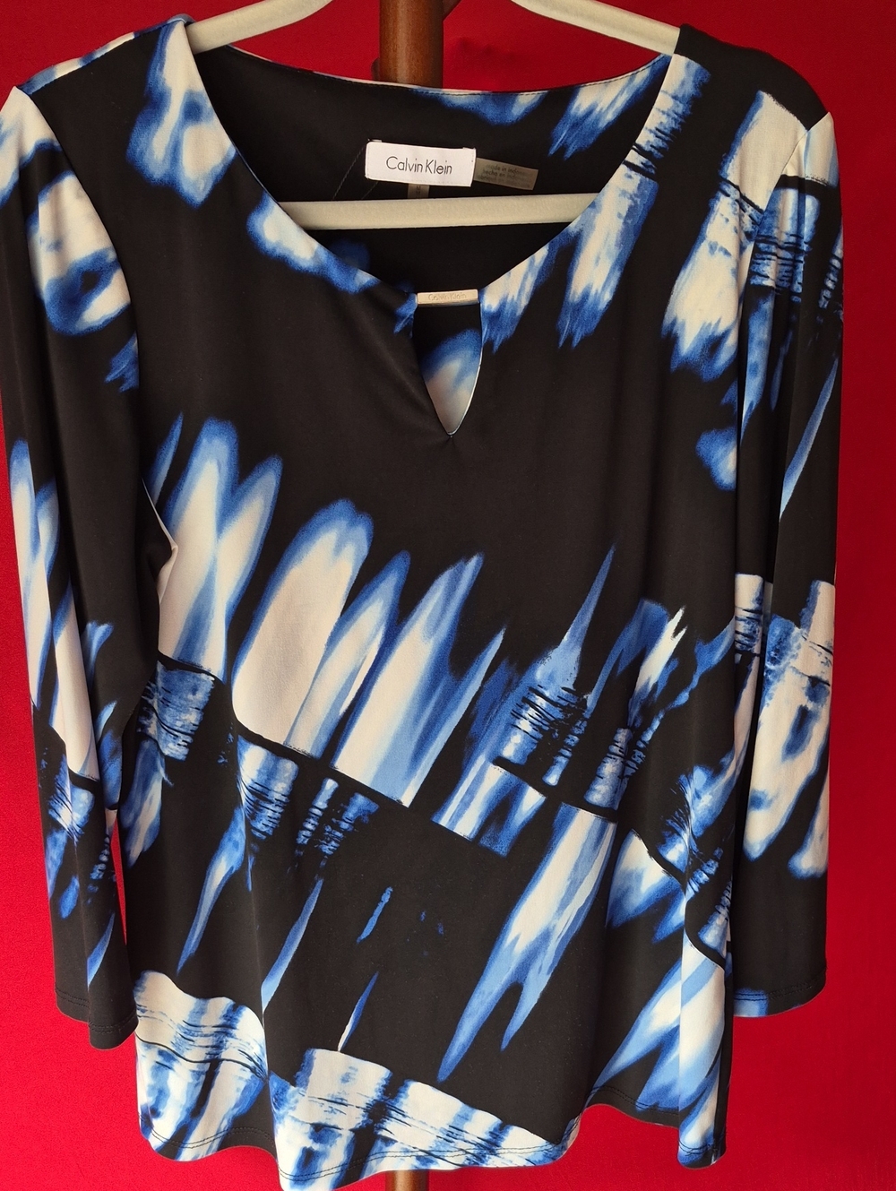 Calvin Klein Black Blouse with Blue & White Abstract Brushstroke Print Size M